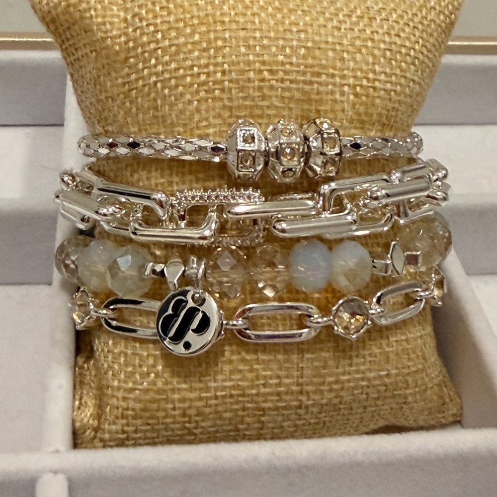 BOMB PARTY!! Silver-Tone Beaded & Chain Bracelet Stack with Champagne Beads - Picture 4 of 10